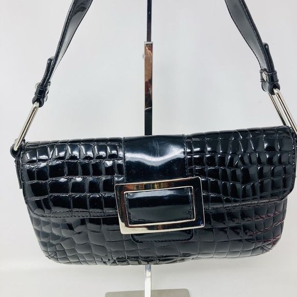 Alfani Handbags - Alfani Leather Handbag Mock Croc Black Silver Hardware 11’x7” Magnetic Closure